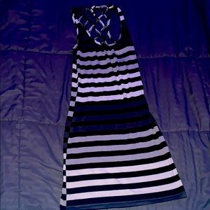 A dress with white, grey and black strippes